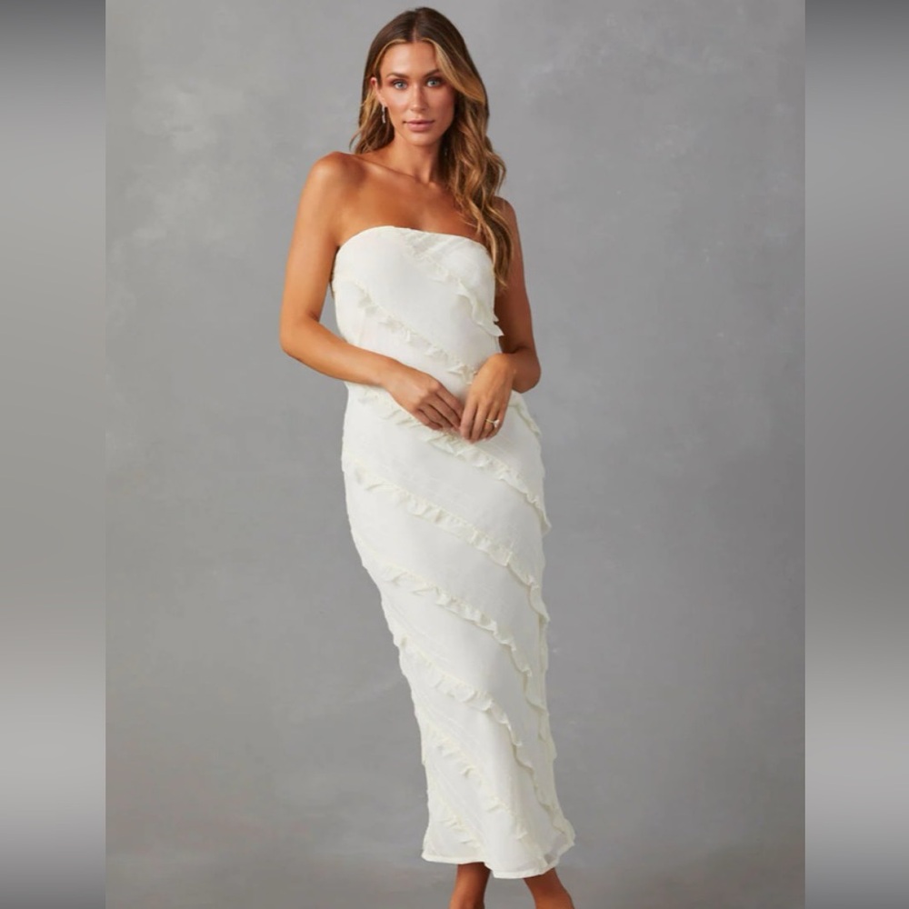 Vici Strapless White Ruffled Midi Dress